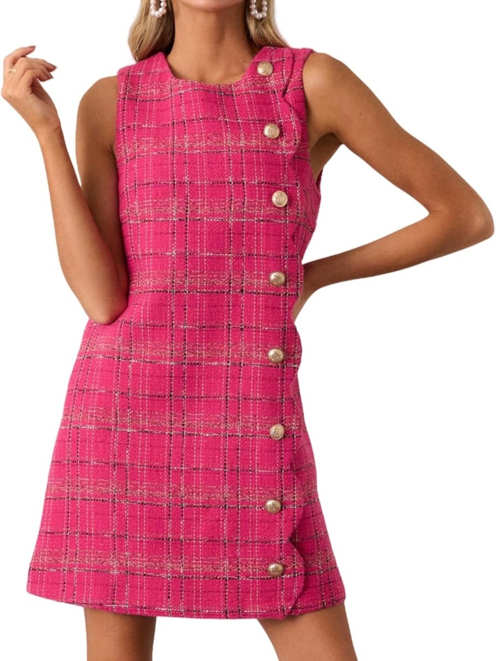 Women's Pink Tweed Button Shift Dress